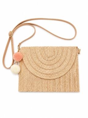 Beige Straw Crossbody Bag with Pom Pom Charm